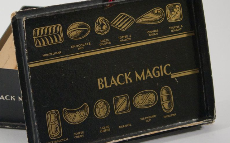 Pictures of all the delicious chocolates in an old box of Black Magic